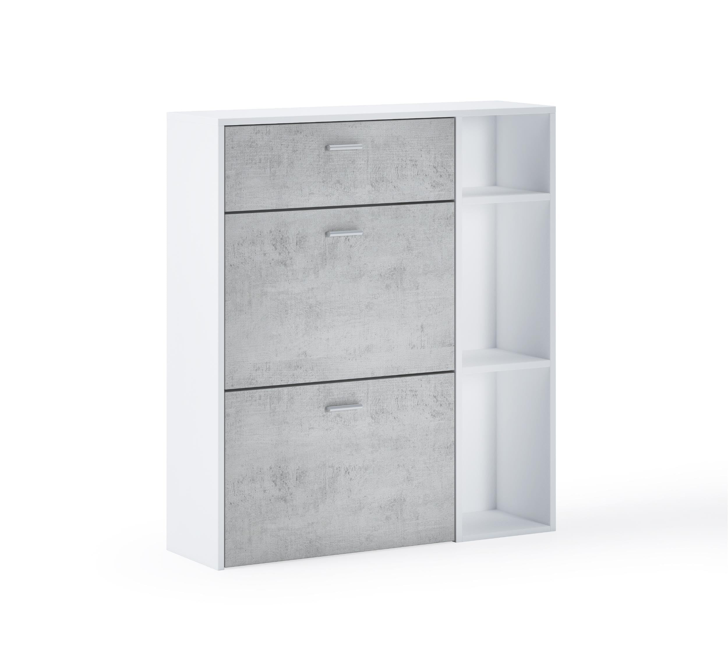 Skraut Home | Armario Zapatero | 102 x 90 x 26 cm | Capacidad para 12 Pares de Zapatos | 2 Puertas Basculantes + 1 Cajón | Modelo Wind | Acabado Blanco/Cemento