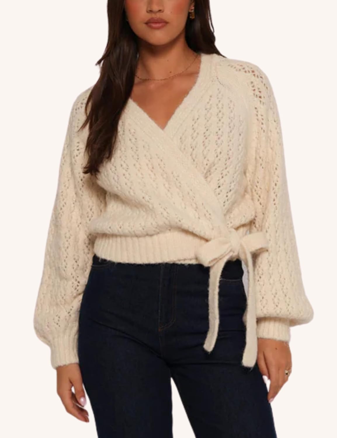 Esmeling Women Bow Tie Wrap Sweater V Neck Lantern Sleeves Knitwear Solid Pullover Cropped Cardigan - Image 6