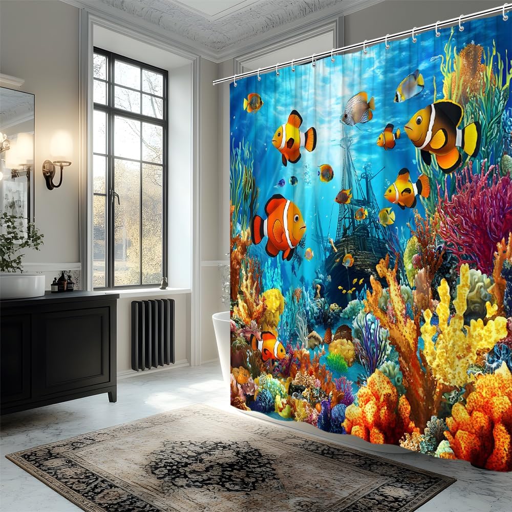 Ocean Underwater World Shower Curtain Colorful Fish Shower Curtain Sea Tropical Fishes Turtle Coral in The Deep Sea Blue Ocean Polyester Fabric Bathroom Decorative Curtain (90" Wx70 L)