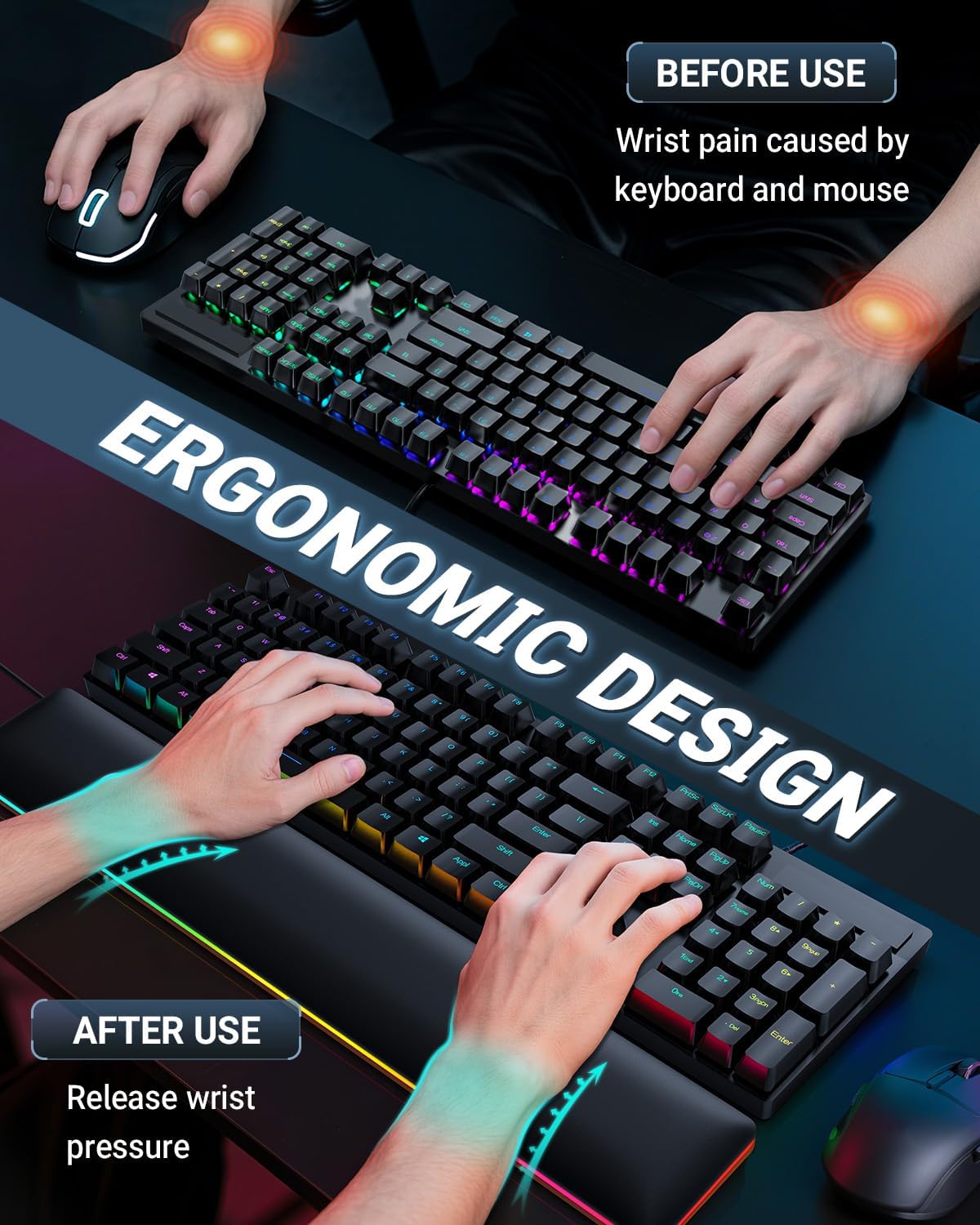 ASFSKY RGB Keyboard Wrist Rest, Ergonomic Wooden Wrist Support with PU Leather & Memory Foam, Non-Slip and Easy-to-Clean Design, Wrist Pad for Mechanical Keyboard, Gaming & Office Use
