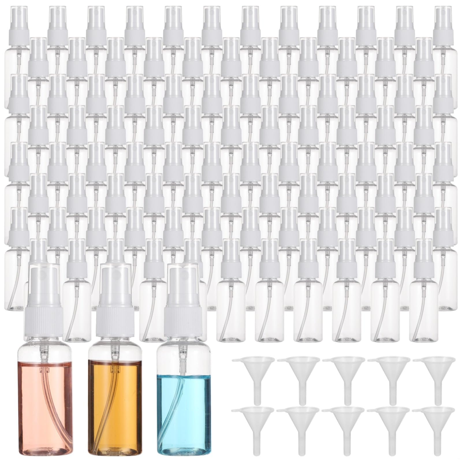 200 flaconi spray da viaggio, 30 ml, in plastica trasparente, mini flaconi spray per profumi e cosmetici, formato da viaggio con 10 imbuti, comodi ricaricabili, design a prova di perdite