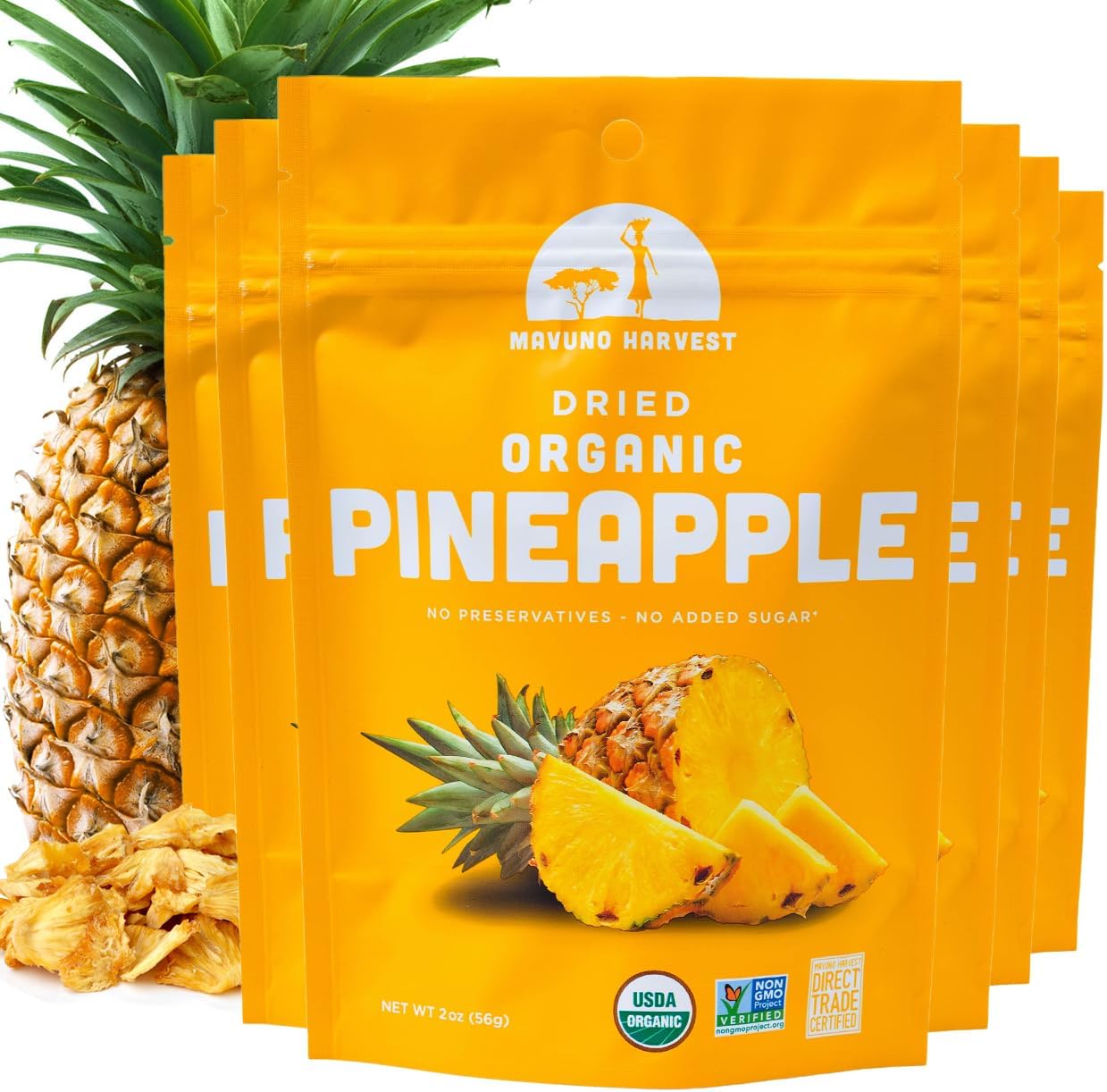 Mavuno Harvest Pineapple Dried Fruit Snacks | Organic Dried Pineapple Chunks| Gluten Free Healthy Snacks for Kids and Adults | No Sugar Added, Vegan, Non GMO, Direct Trade | 2 Ounce, Pack of 6