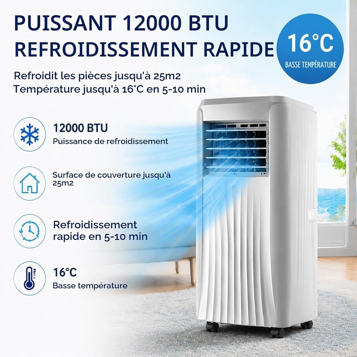 Przenośny klimatyzator 12000 BTU chłodny, wentylator 3 w 1, chłodziarka do pomieszczeń do 25 m², w zestawie zestaw okienny, klasyfikacja stycznia