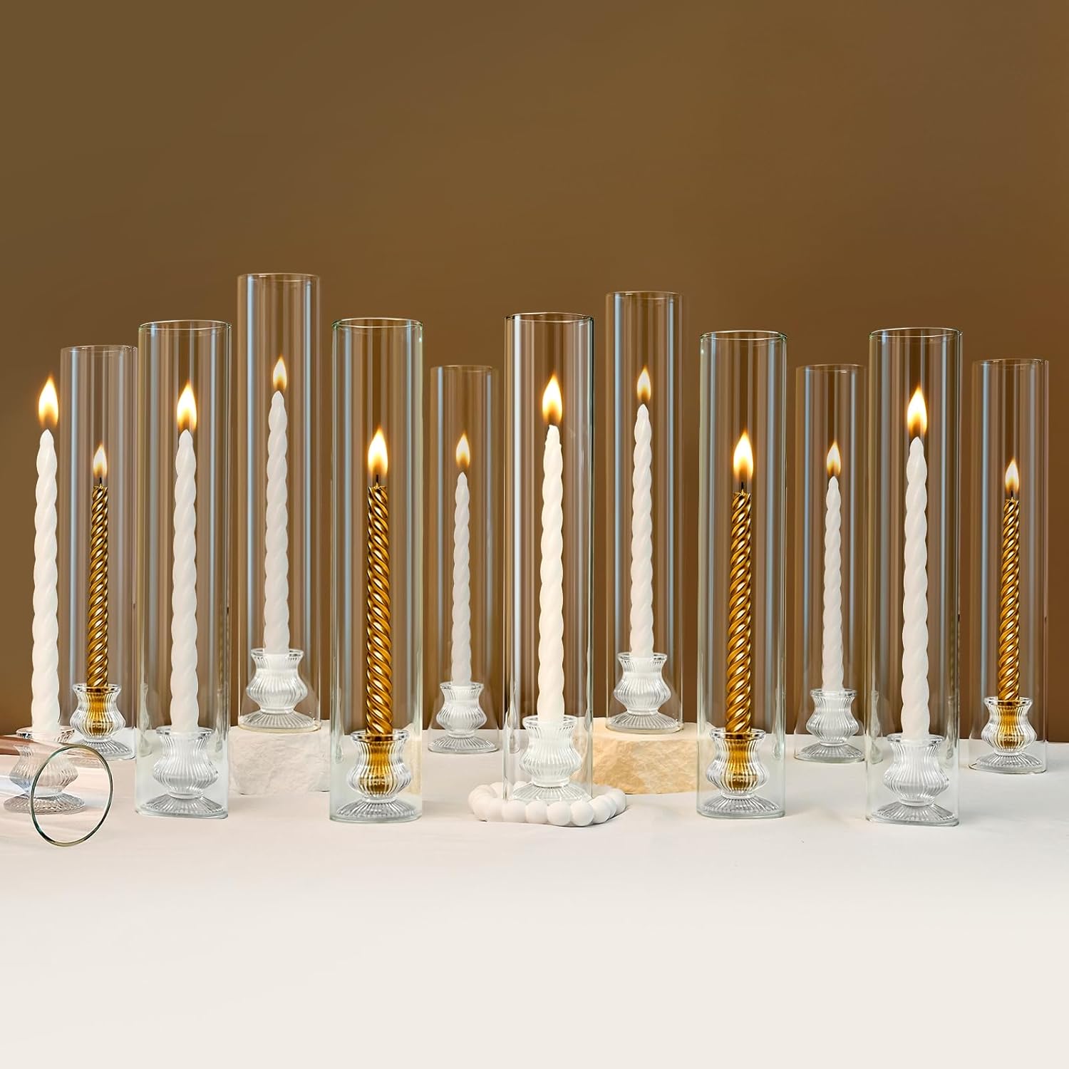 Hurricane Glass Candle Holder Set of 12 with Clear Taper Candle Holders Base - OWLREX 14" Tall Clear Glass Taper Candlestick Holders with Windproof for Wedding Table Centerpiece Home Decor