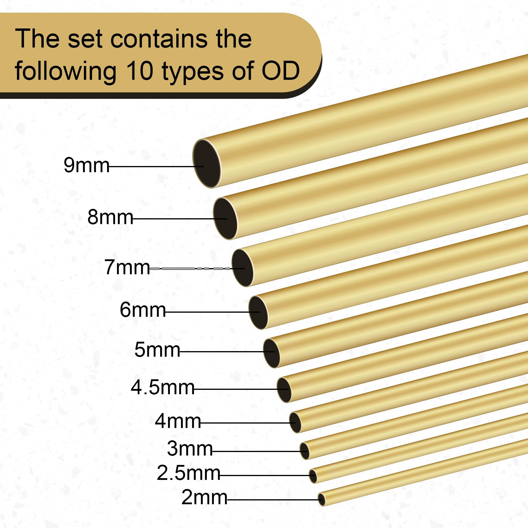Lot de 10 tubes ronds en laiton, 2 mm, 2,5 mm, 3 mm, 4 mm, 4,5 mm, 5 mm, 6 mm, 7 mm, 8 mm, 9 mm de diamètre extérieur x 0,2 mm, épaisseur de paroi 300 mm de longueur