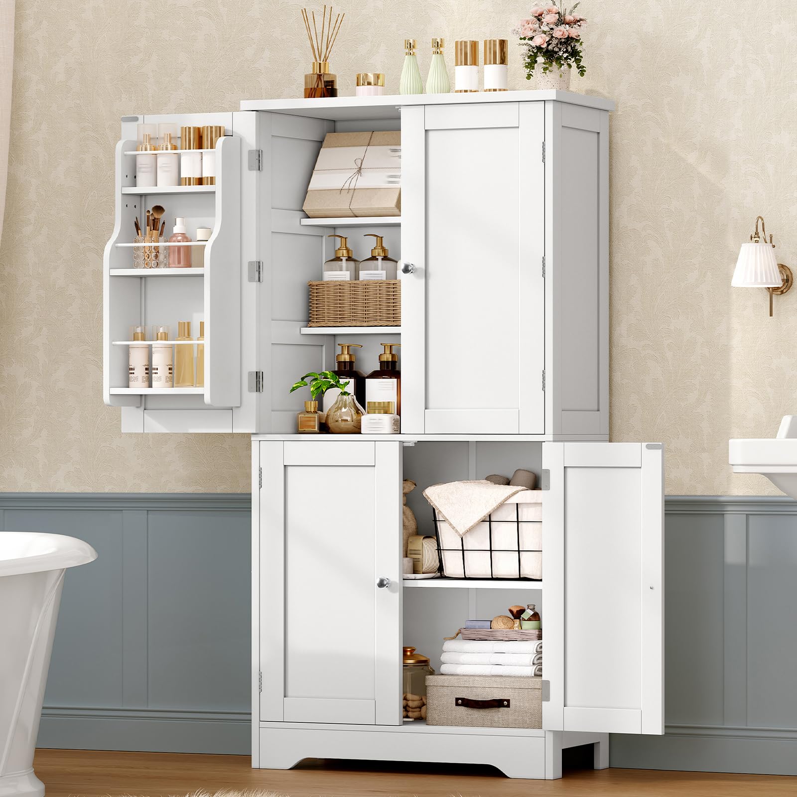 TEENFON Küchenschrank, 4-türiger Mehrzweckschrank & Buffetschrank mit 6 Einlegeböden und 2 Türfächern, platzsparender Vorratsschrank für Küche, Wohnzimmer, Esszimmer, Bad, 130 x 60 x 30 cm, weiß