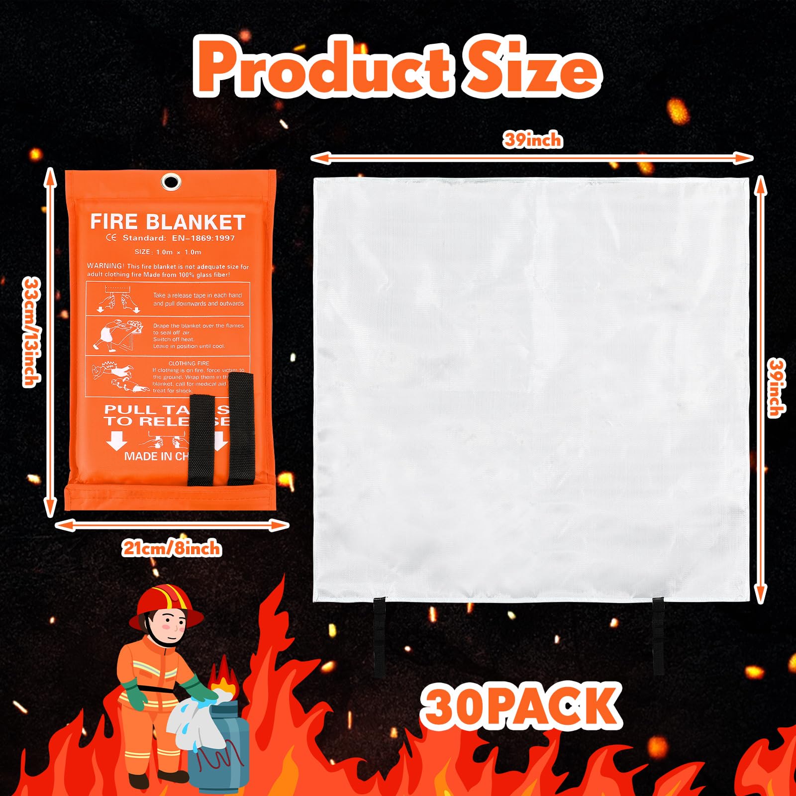Paquete de 30 mantas ignífugas de fibra de vidrio, manta de emergencia ignífuga, manta de supresión de incendios, cubierta de seguridad de supervivencia de emergencia ignífuga para cocina, hogar,