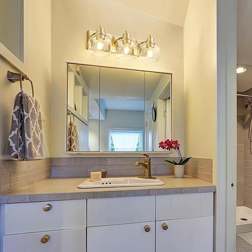 Miniatura 7 de Tuscarora Lámpara de baño dorada, luz dorada de 3 luces, luz de tocador de baño dorada cepillada con pantalla de vidrio transparente, luz de baño