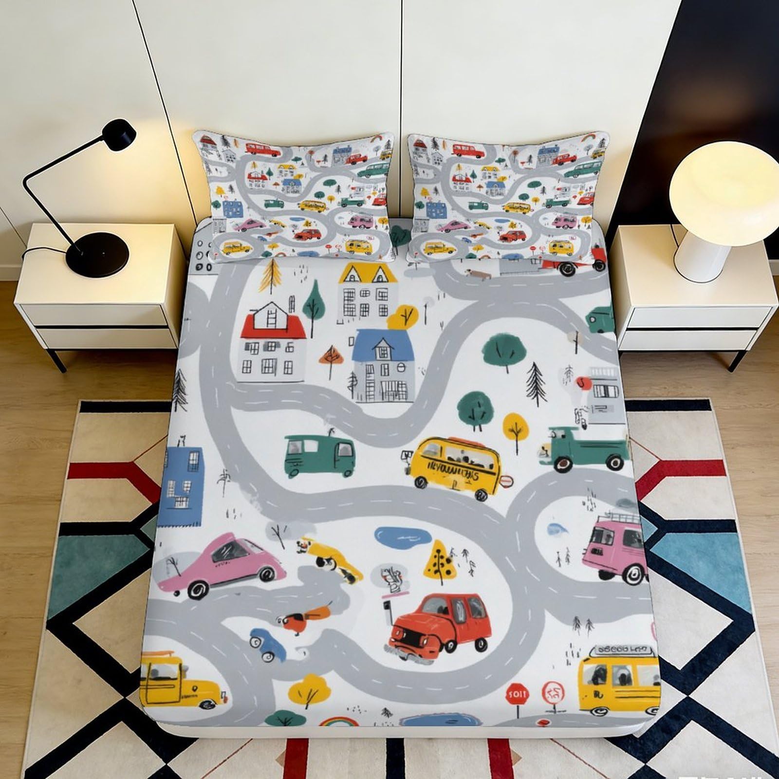 Jqzkxnhpbr Style-3 3D Printed Cartoon Road Traffic Fitted Sheet Microfiber Playful Car Bus Bed Cover For Bedroom Dorm Decor Protection 90X200x25cm