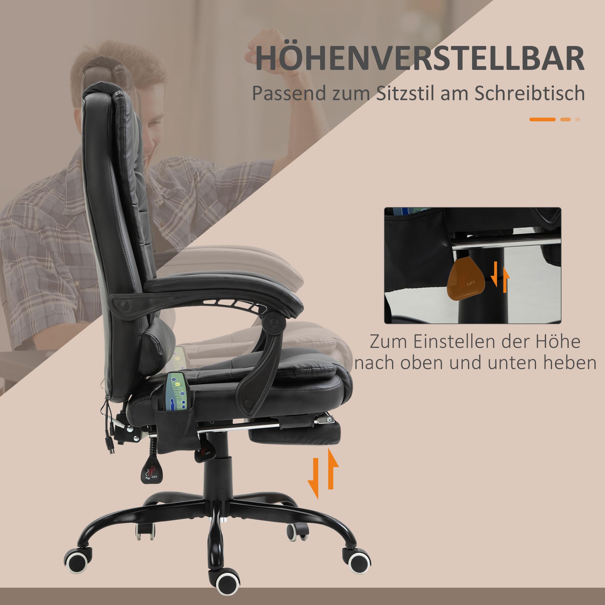 Vinsetto Massagesessel Chefsessel mit Integrierter Fußstütze höhenverstellbarer Drehstuhl mit 7 Massagepunkte Unterem Rückenpolster PVC Metall 67 x 79 x 111-121 cm Schwarz