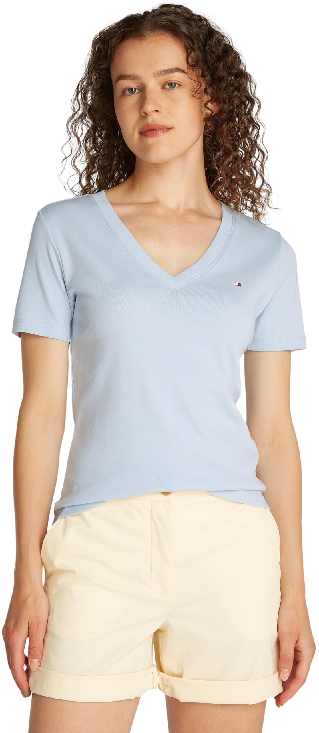 Tommy Hilfiger Women’s Short Sleeve T-Shirt New Slim Cody V-Neck, Blue (Breezy Blue), XXS