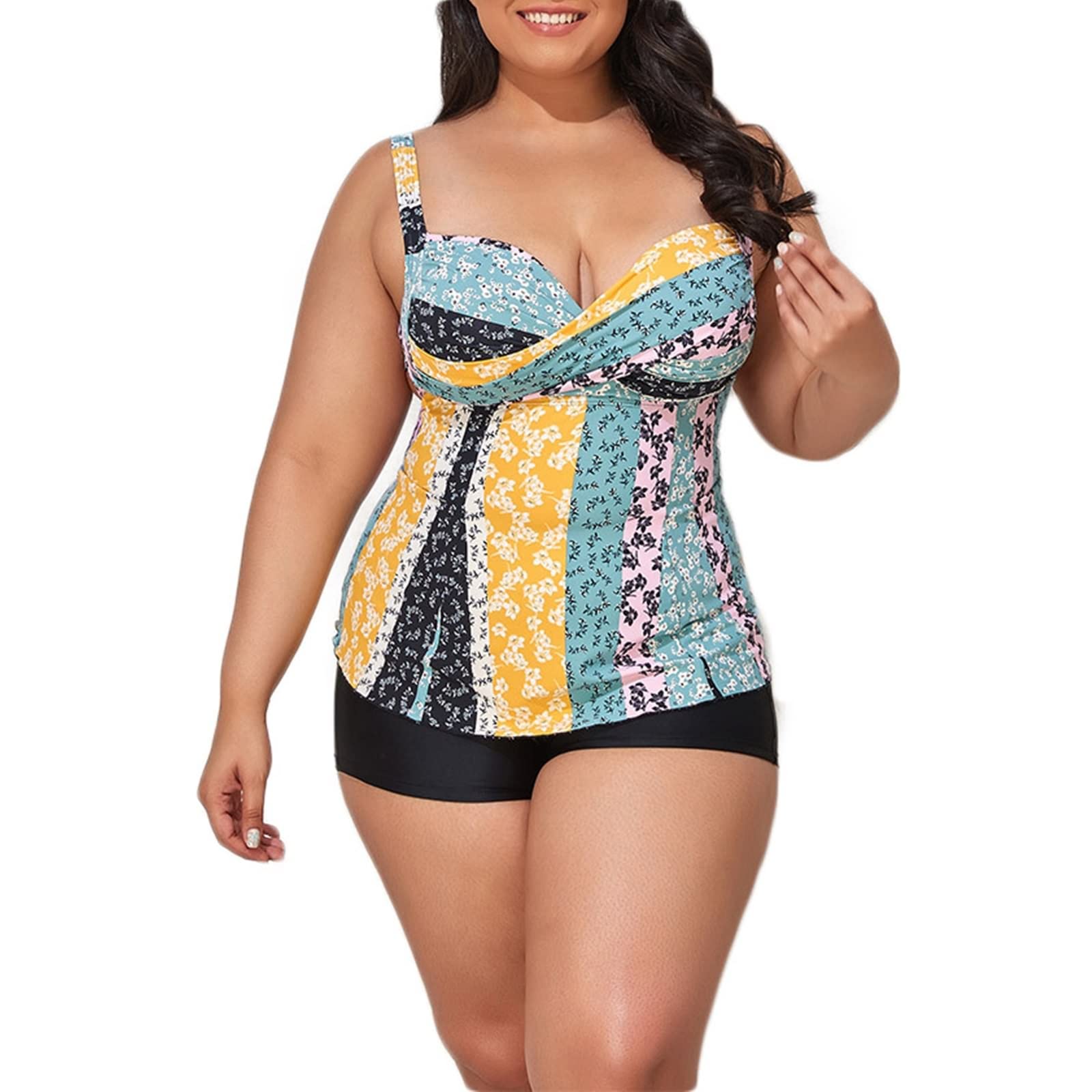Sukienka pływacka dla dziewczynek, plus size sukienka do pływania dwuczęściowa boho wzór liści kwiatów nadruk stroje kąpielowe rozmiar L-5XL, Żółty, niebieski, XXL-3XL duże rozmiary