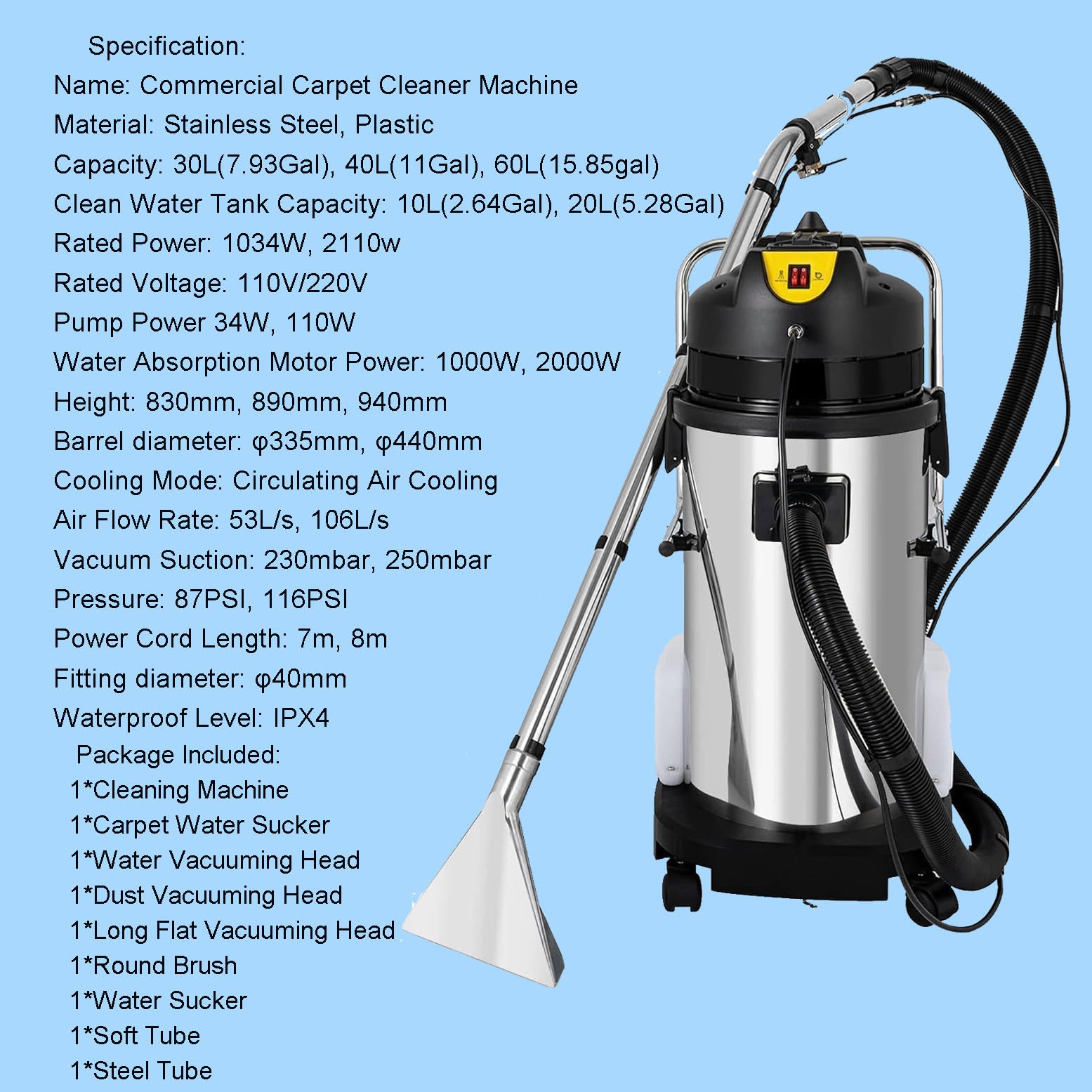 Máquina Profesional de Limpieza Profunda, 3 en 1, con champú para alfombras y aspiradora en seco y húmedo con función de pulverización, 6 Accesorios incluidos. 20L