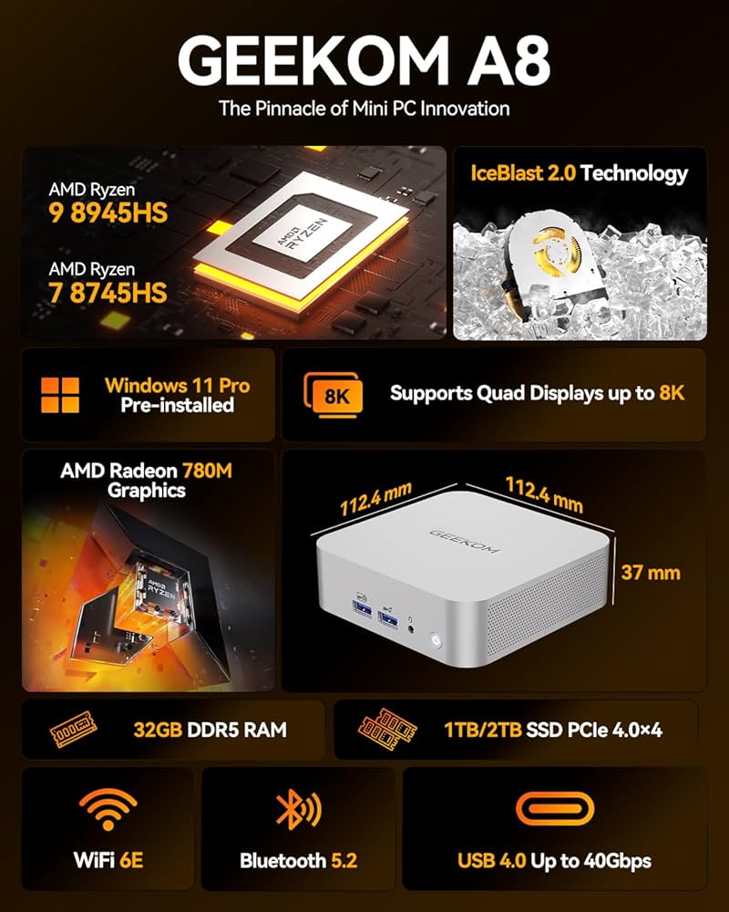 GEEKOM A8 Mini PC Windows 11 Pro, with AMD Ryzen 9 8945HS (Up to
