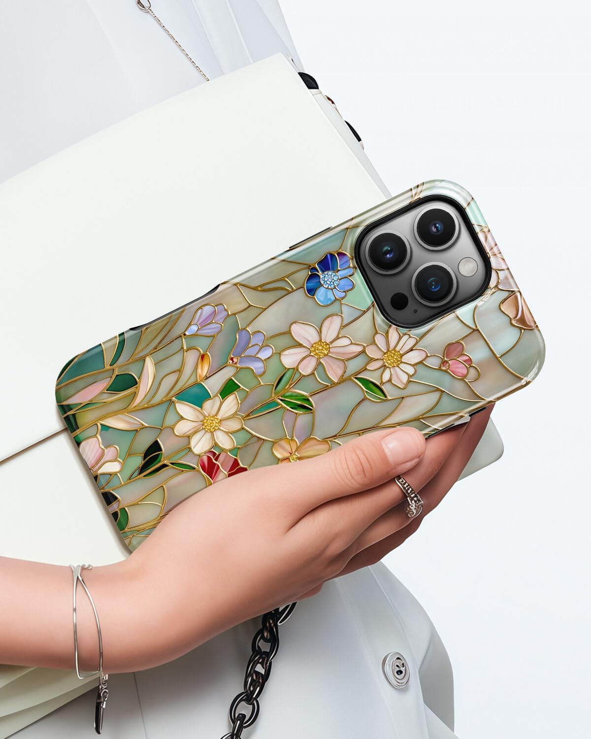 Flower Blossom Stained Glass Phone Case for iPhone 16 Pro Max, Compatible with Magsafe, Trendy Vintage Aesthetic Rose Gold Floral Magnetic Slim Shockproof Protective Women Girl Men Cover Case - Image 8