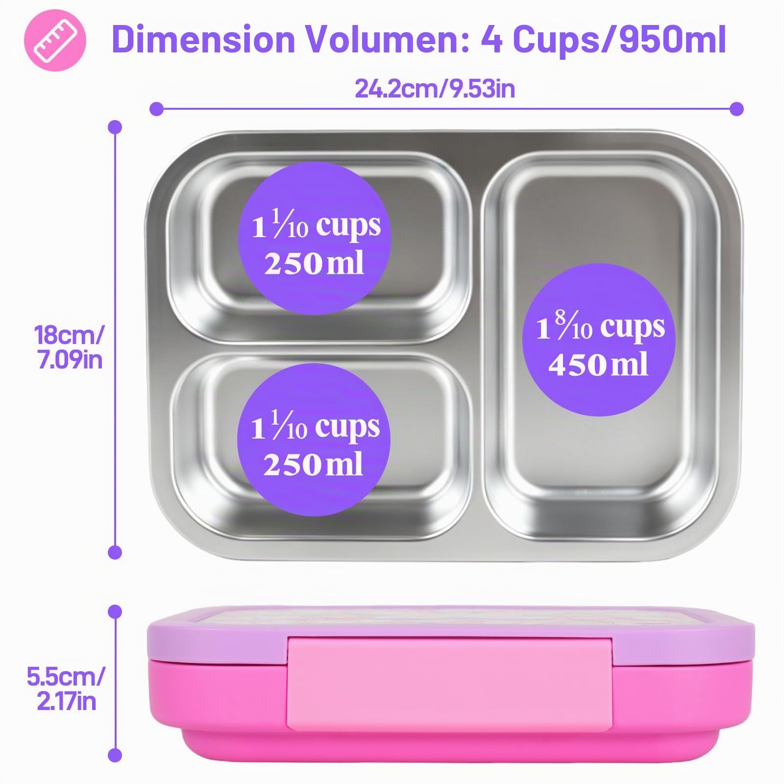PinkSheep Edelstahl Brotdose Kinder mit 3 Fächern und Dichtring 950ml Lunchbox Personalisiert, BPA-freie, Auslaufsicher, Bento Box für Picknick Schulschüler Mittagessen Snack (Schmetterling)