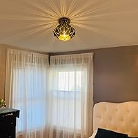 Vista 6 de Modern Geometric Ceiling Light, Black Metal Diamond Cage Design, Semi-Flush Mount, Industrial Style, E26, Matte Black with Gold Inside