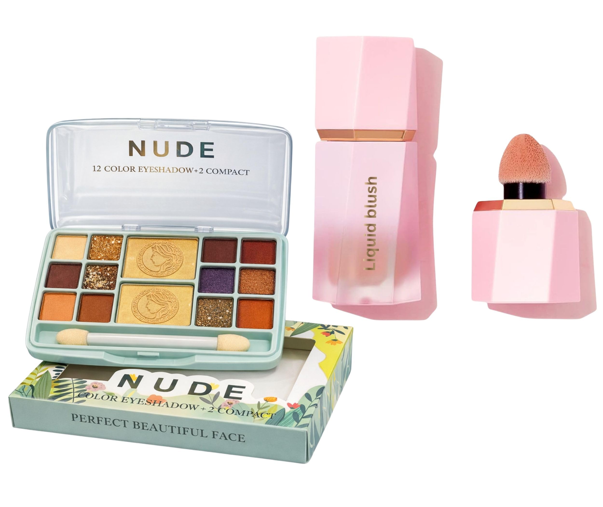 Makeup Combo Kit for Women | 12 Color Nude Eyeshadow Palette with 2 Highlighting Face Compact Powders & Dewy Liquid Blush with Built-in Cushion Sponge Applicator | Long Lasting Cosmetics Makeup Set-image-26