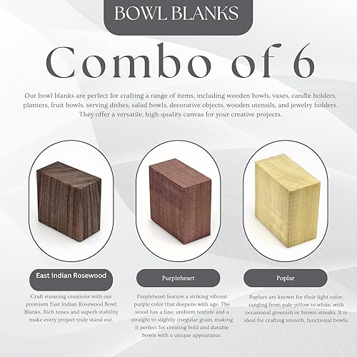 Miniatura 3 de Exotic Wood Zone Paquete de 6 cuencos en blanco nogal negro, ambrosía, palma negra, álamo, caoba, corazón morado Torno de madera en blanco 8 x 8