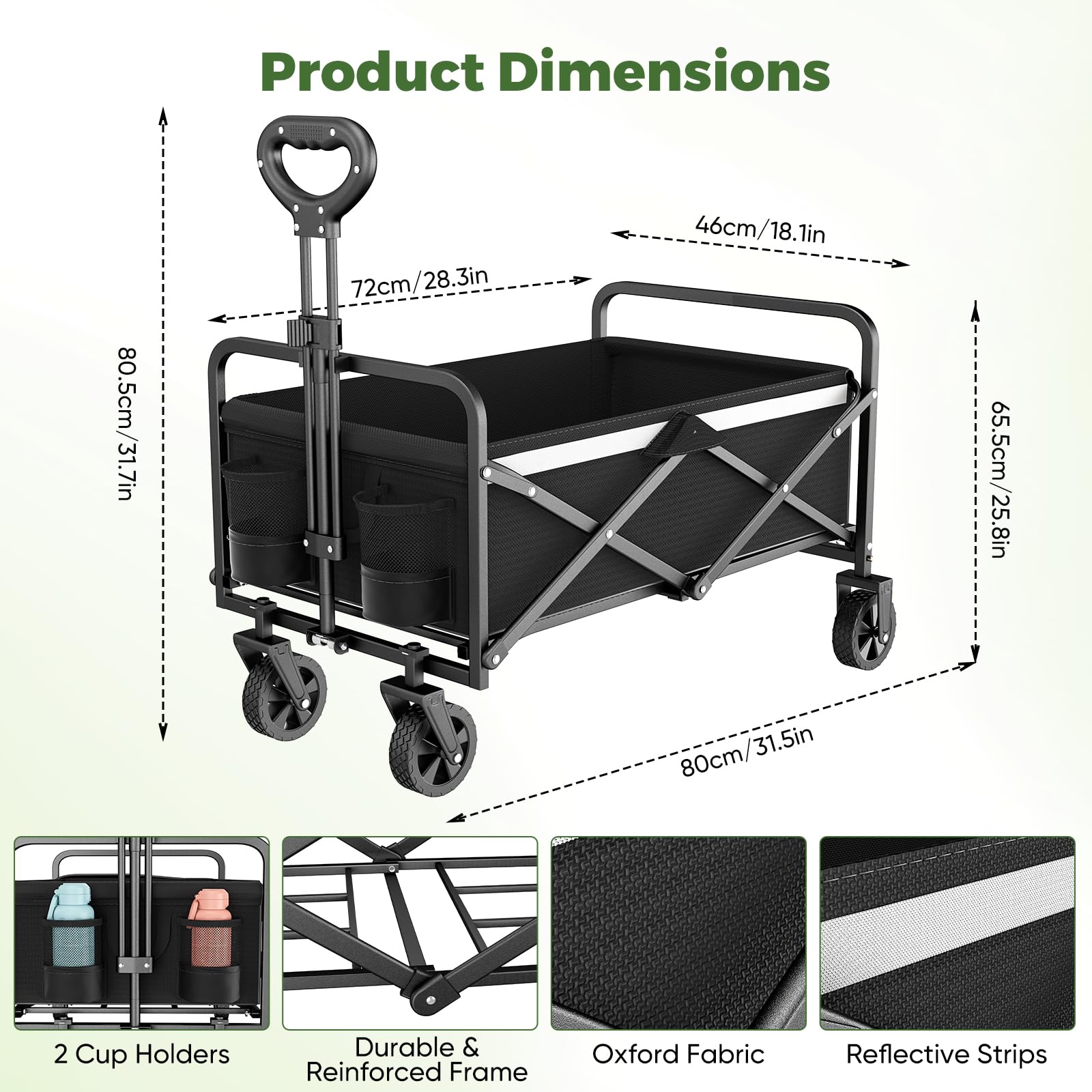 Carrello pieghevole da 70 l, tessuto Oxford 600D, carrello da giardino con ruote, manico regolabile, per campeggio, picnic, spiaggia