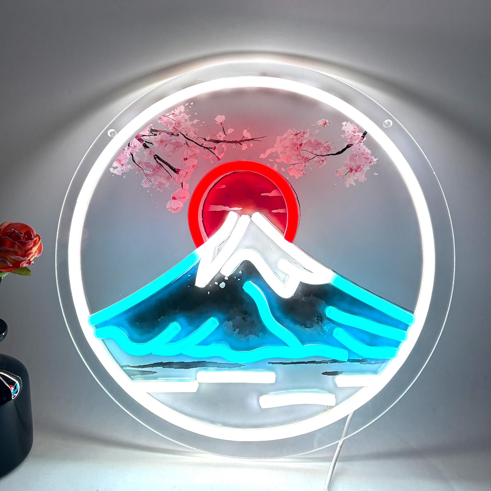 Mount Fuji Sunrise LED Neon Sign with Cherry Blossom, Japanese Sakura Style Wall Decor, USB Powered Neon Light for Bedroom, Living Room &amp; Aesthetic Home Decor Holiday Birthday Gifts