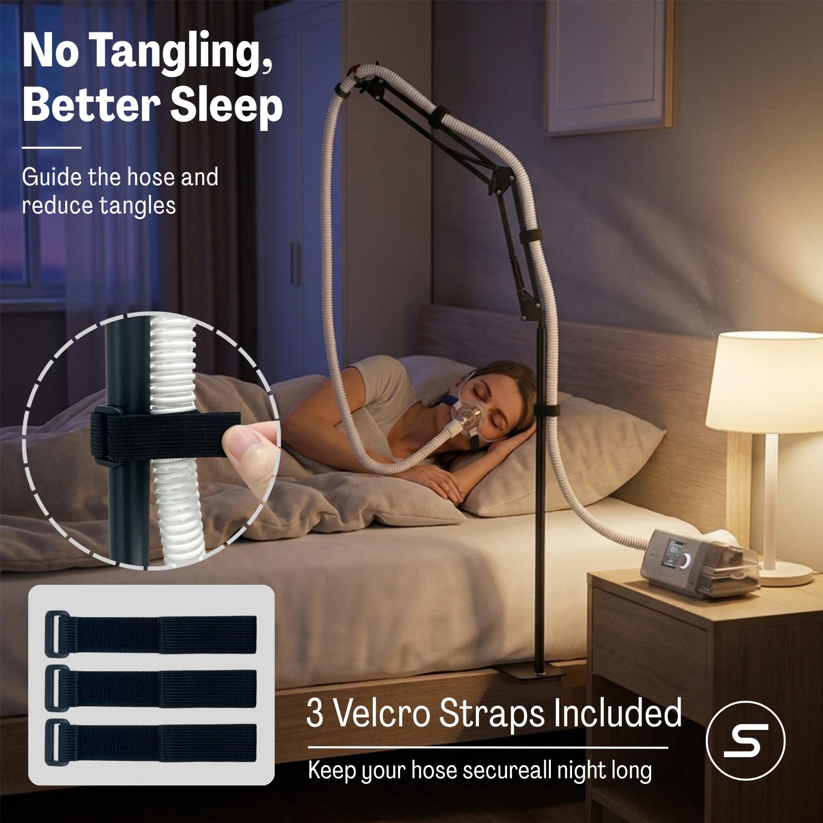 Support Tuyau CPAP - Anti-Emmêlement, Hauteur et Angle Réglables, Clip 360°, Accessoire pour Masque Apnée du Sommeil, Compatible avec ResMed & Philips (Métal)