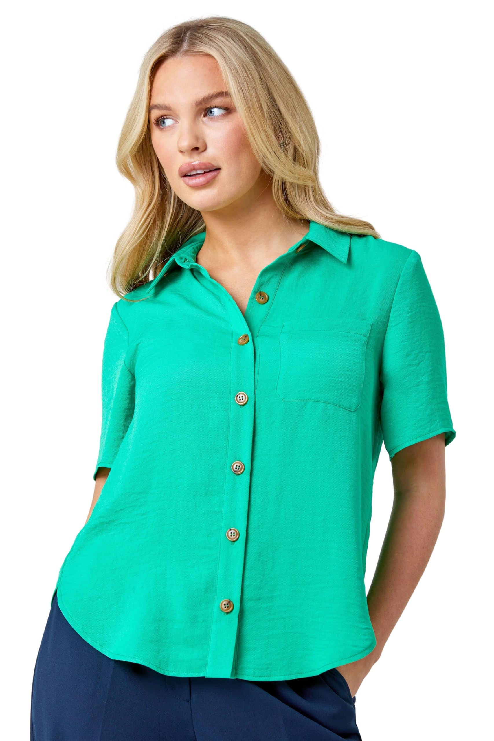 Roman Originals Women's Petite Green Roman Petite Button Up Pocket Shirt For Uk - Spring Everyday Summer Break Short Sleeve Soft Collar Neckline Comfy Lightweight Cool Blouse Vacation Tops - Size 12 Petite