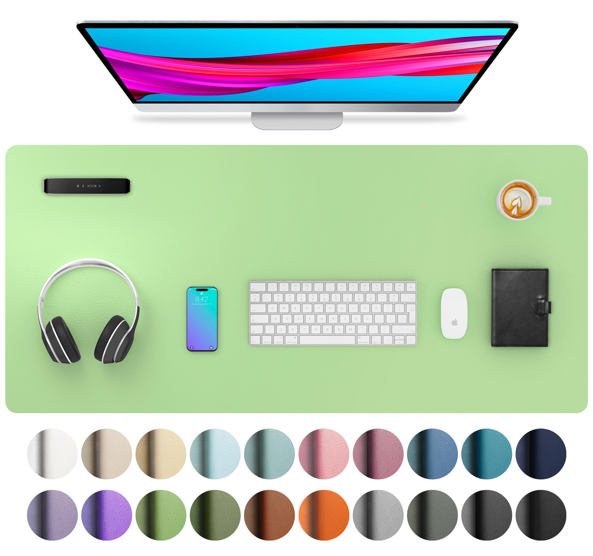 Aothia Leather Desk Pad Protector, Mouse Pad, Office Desk Mat, Non-Slip PU Leather Desk Blotter, Laptop Desk Pad, Waterproof Desk Writing Pad for Office and Home (36" x 17", Foam Green)