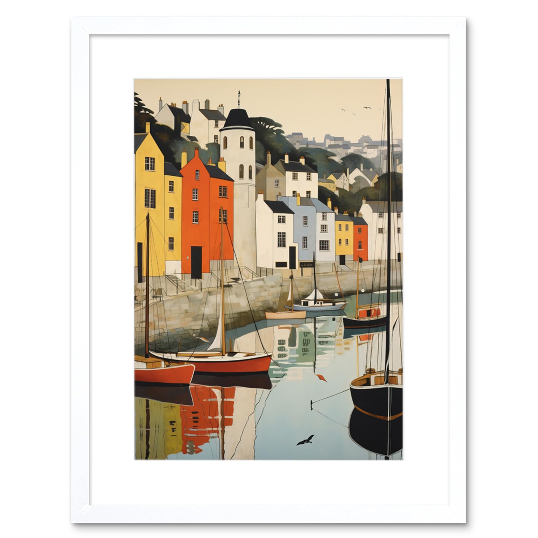 Watercolour Painting Print - Dartmouth Harbour Boats - Devon Scenic River Dart Townscape Artwork - 9x7 Inch