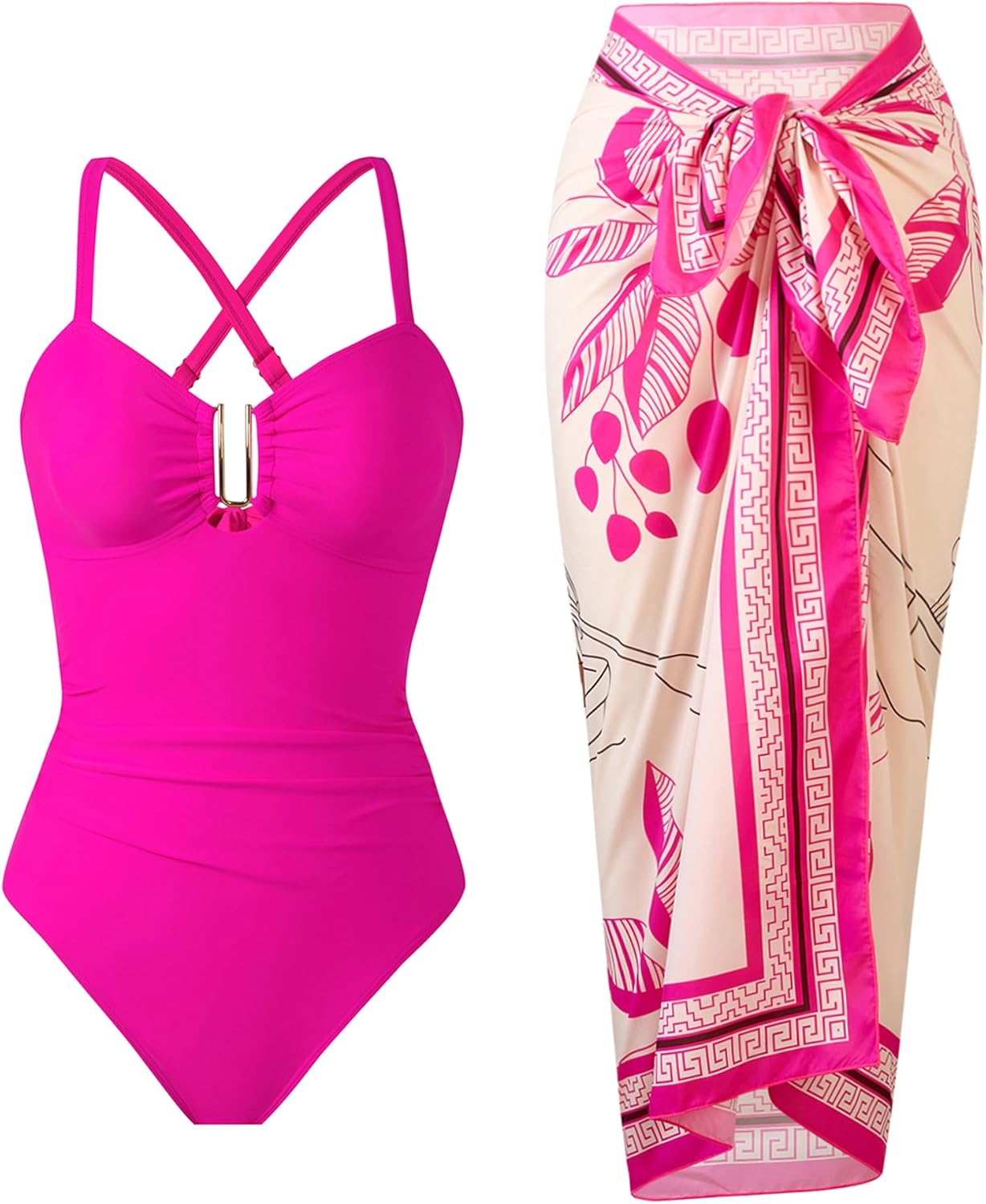 Women's One Piece Swimsuit with Cover Up Set Retro Bathing Suit with Tummy Control Beach Wrap Skirt