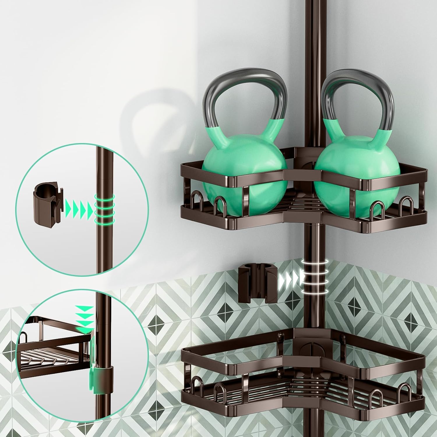 HEVEL Corner Shower Caddy Tension Pole, 4 Tier Adjustable Shower Organizer Corner 62-115 Inch, Rustproof Bathroom Shower Shelves for Bathtub Storage,Bronze