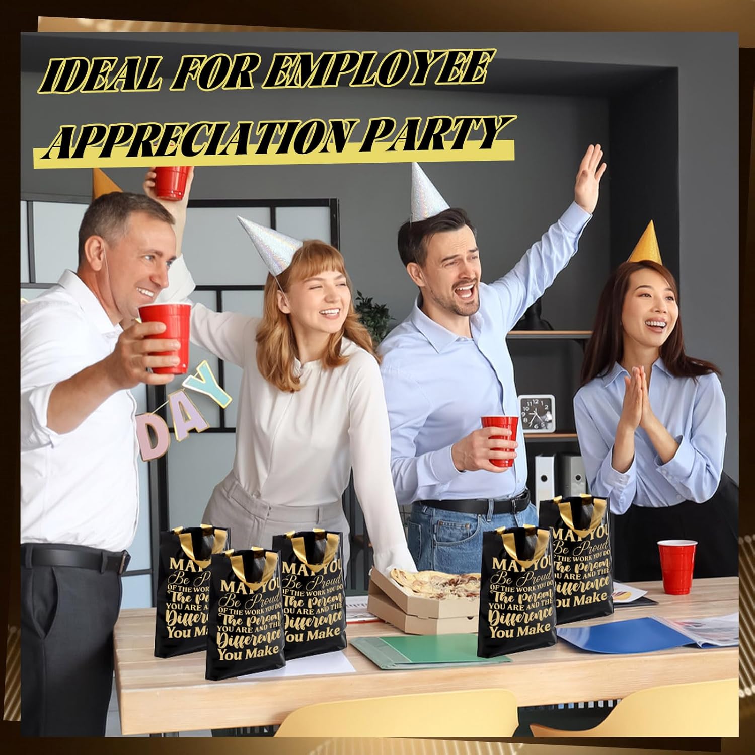 Kolldenn 50 Pcs Thank You Gifts Bags Employee Appreciation Goodie Bags with Handles Congrats Reusable Plastic Party Favors for Gift Wrapping (Black Gold,Be Proud of You Do) - Image 4