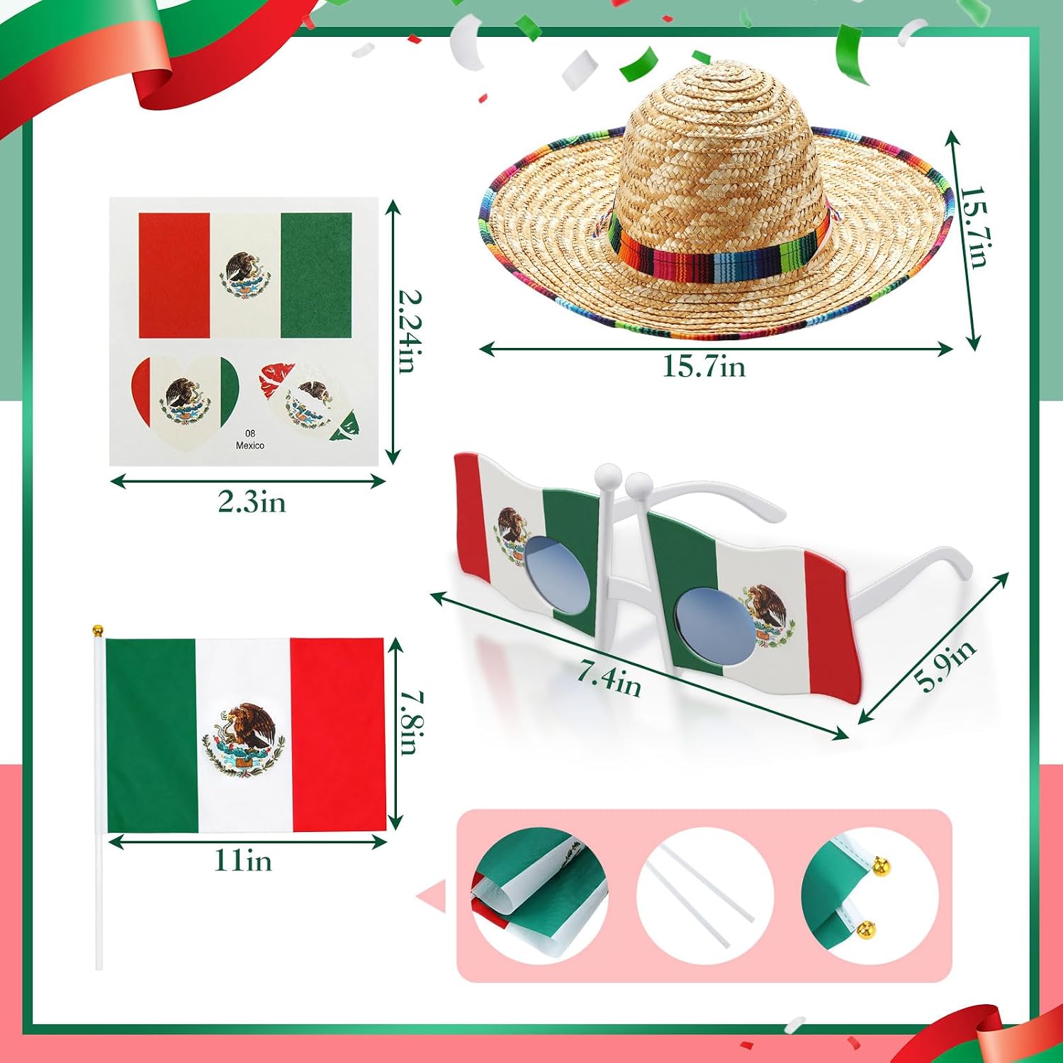Mindsoft 8 Pcs Football Tournament Mexico Flag Cape Sombrero Small Handheld Mexico Flags Sticker Glasses for Unisex 4th of July Independence Day