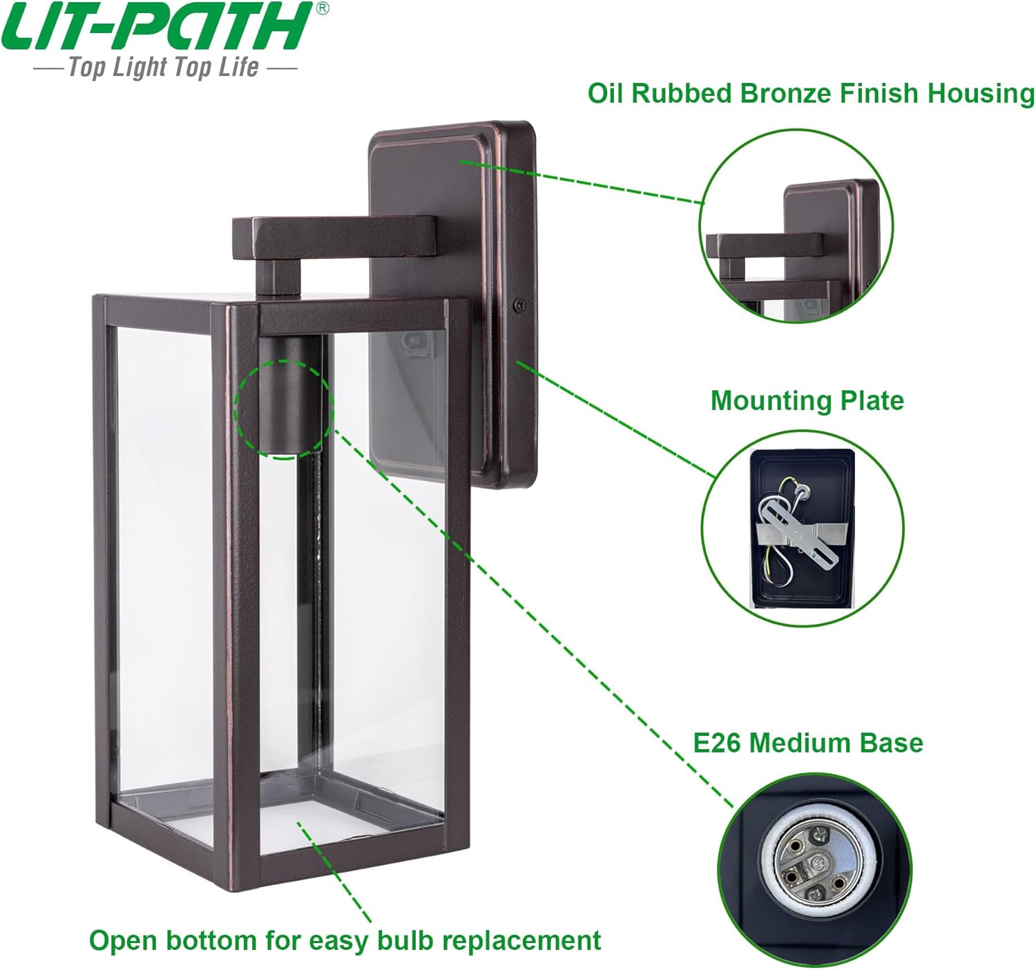 LIT-PaTH Outdoor Wall Lantern, Wall Sconce as Porch Lighting Fixture, E26 Medium Base Max 60W, Anti-Rust Metal with Glass Shade, Oil Rubbed Bronze Finish, 2-Pack