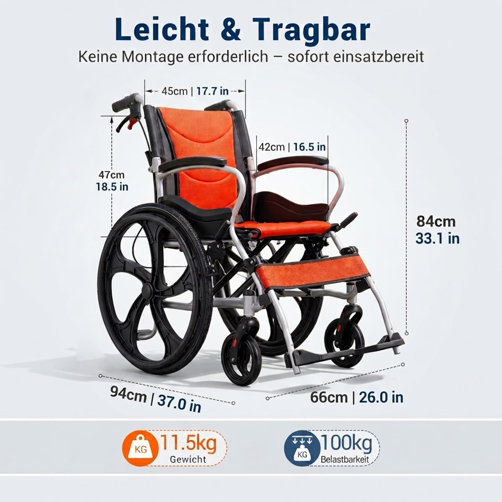 Silla de Ruedas Plegable Ligera de Aluminio con Ruedas Traseras 22" | 11.5kg Ligera, Doble Freno, Asiento Mesh Transpirable, Reposabrazos Ergonómicos, Neumáticos Antipinchazos, Sin Montaje
