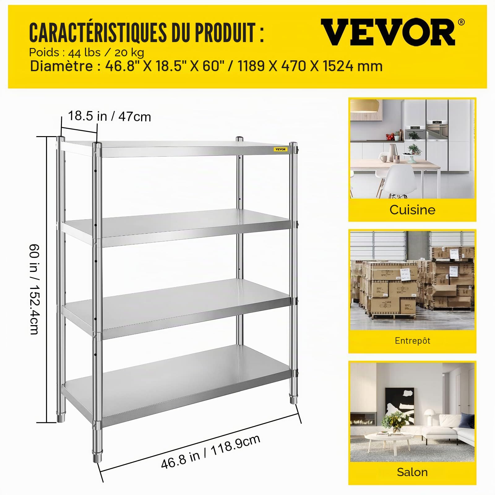 VBENLEM Étagères Inox de Rangement de Cuisine Capacité de Charge 150 kg Table à Épices à 4 Niveaux avec Accessoires d'Assemblage Meuble pour Cuisine Garage Atelier Entrepôt Balcon 122x48x150 cm