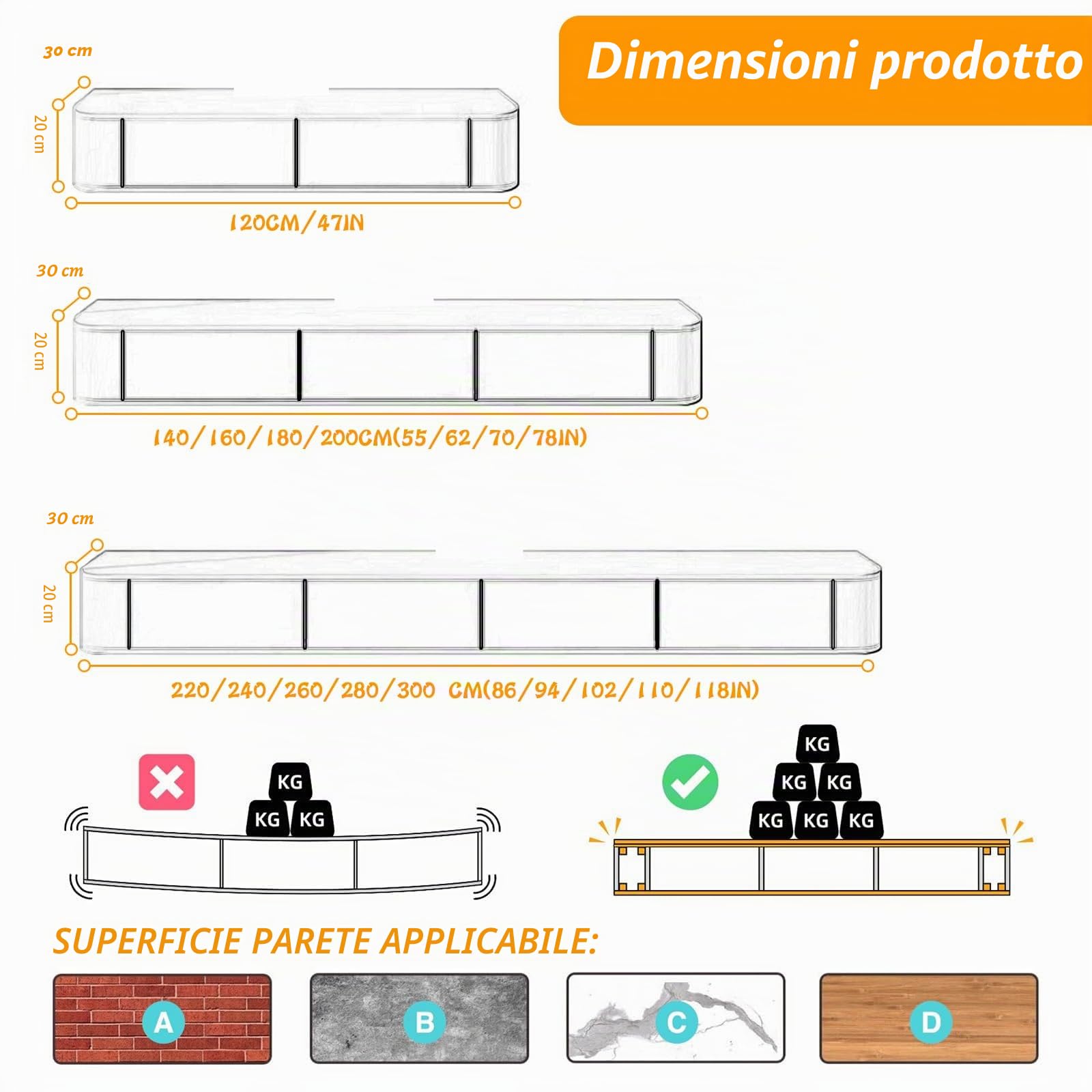 Mobile TV flottante, support TV montato con ante a ribalta e porta laterale, banco di stoccaggio sotto la televisione, per camera da letto e soggiorno (bianco + LED, 160 cm)
