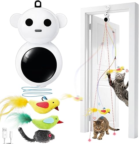 Interactive Cat Toys for Indoor Cats - 2 in 1 Automatic Laser Pointer Cat Toy with Feather Flying Bird,Smart Moving Mouse Wand Toy with 2 Modes,