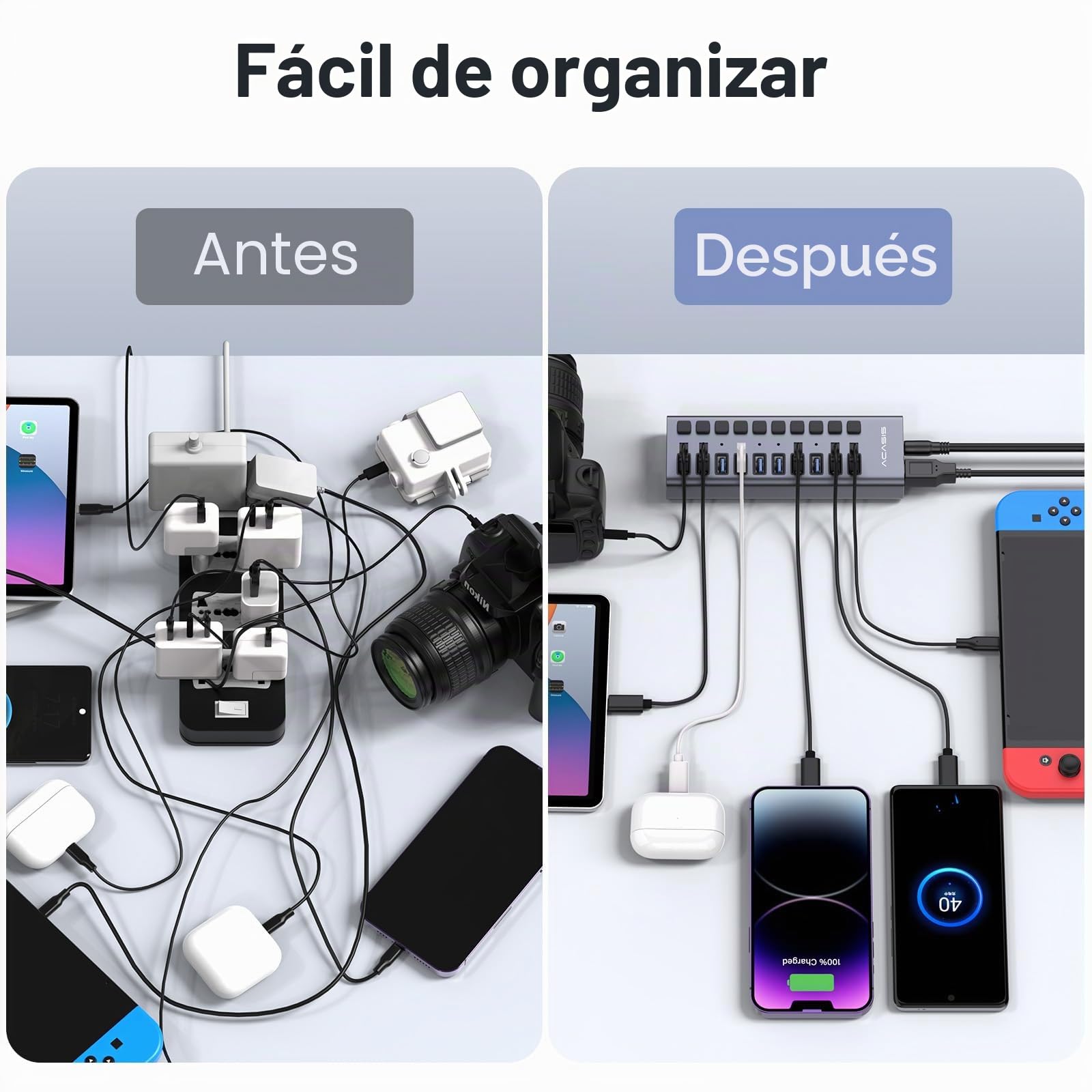ACASIS Hub USB 3.2 de 10 Puertos, 10 Gbps, Adaptador de Corriente 48W | 10 interruptores independientes LED, velocidad de 10 Gbps, adaptador de 48W incluido, Plug & Play, compatible con PC y Mac