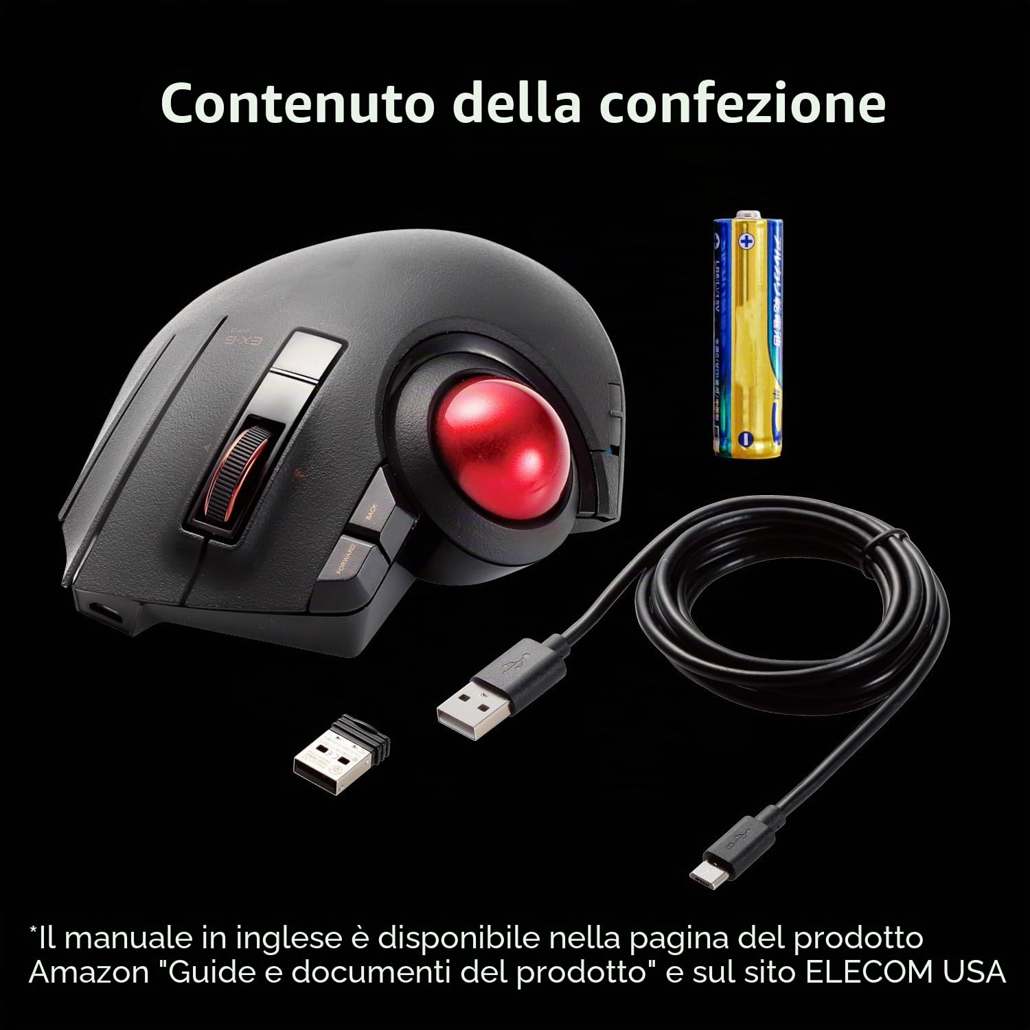 ELECOM M-XPT1MRXBK - Mouse wireless Bluetooth trackball con 8 tasti con tracciamento fluido, sensore ottico di precisione (M-XPT1MRXBK)
