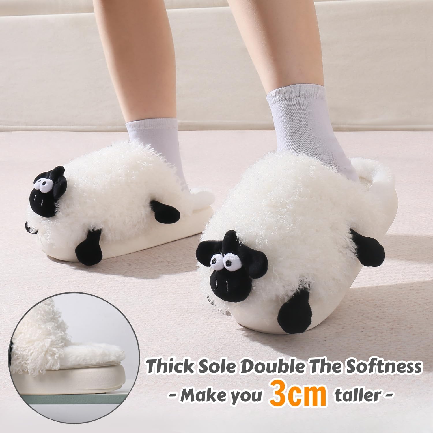 Sheep Fuzzy Animal Slippers for Women & Men, Indoor/Outdoor with Plush Warm Lining, Memory Foam House Slippers