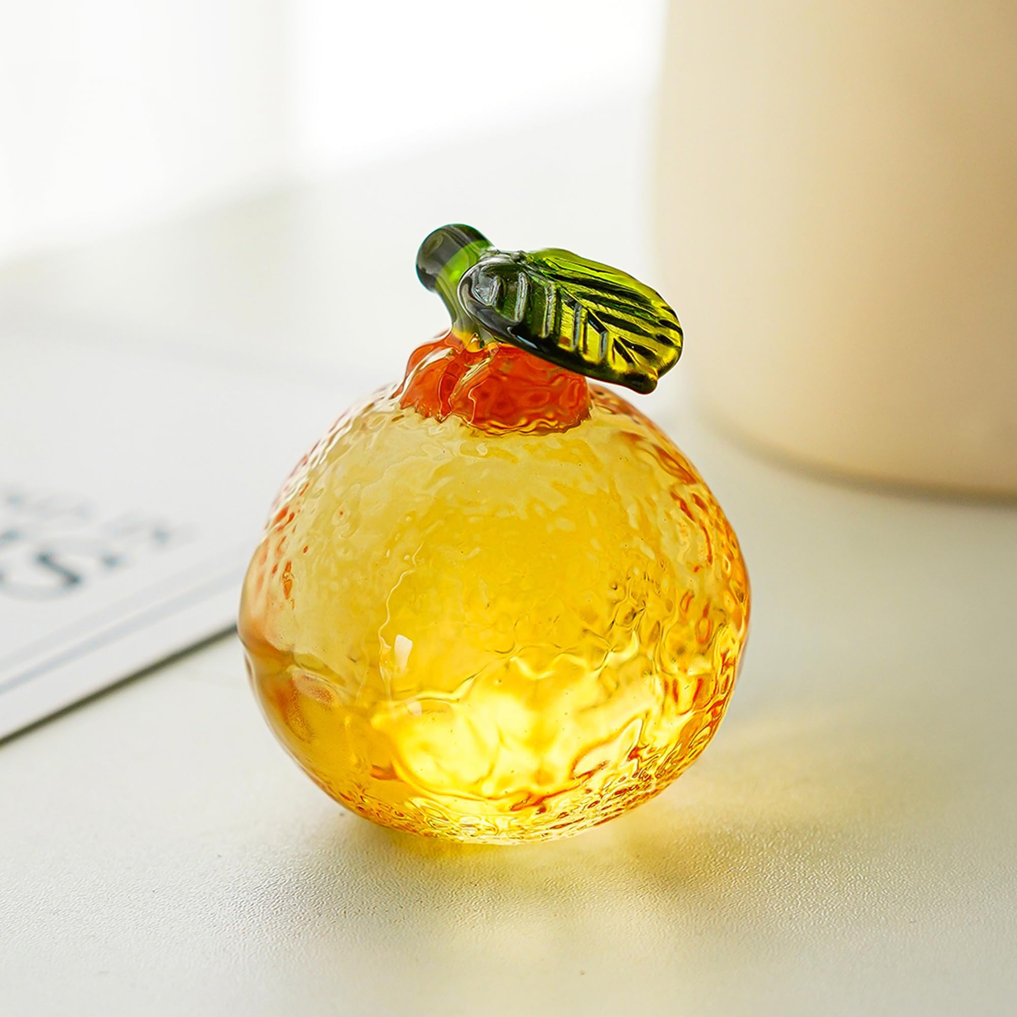 2inch Glass Orange Figurine Crystal Fruit Collectibles Hand Blown Glass Fruits Tangerine Decoration Art Ornament for Home Office Kitchen Decor Gift for Women