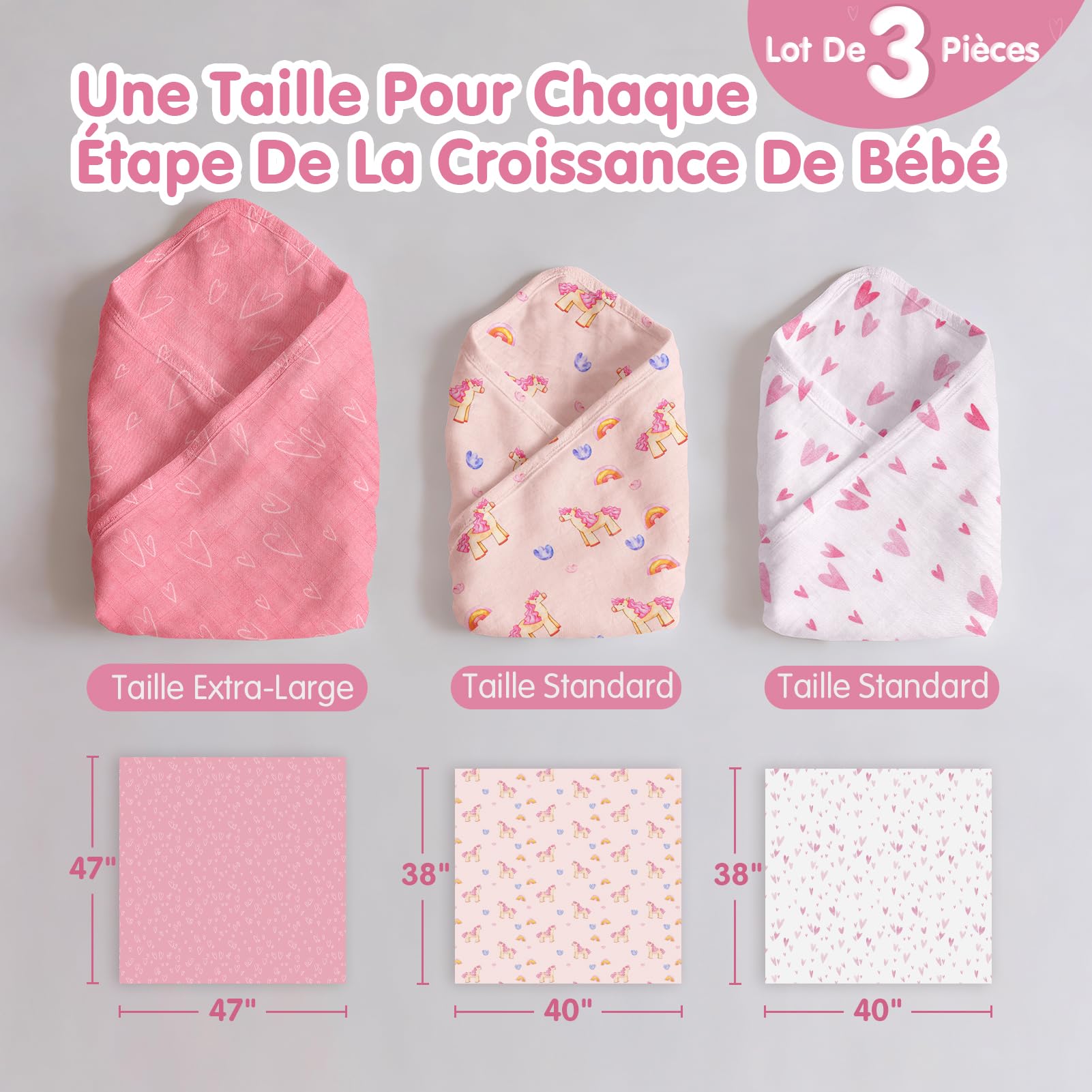 hahaland Couvertures d'Emmaillotage 100% Mousseline de Bambou pour Bébé - Lot de 3 (1 Grande 120x120 cm + 2 Standard 100x100 cm), Ultra-Douces, Respirantes, Essentiels pour Les Nouveau-nés - Rose