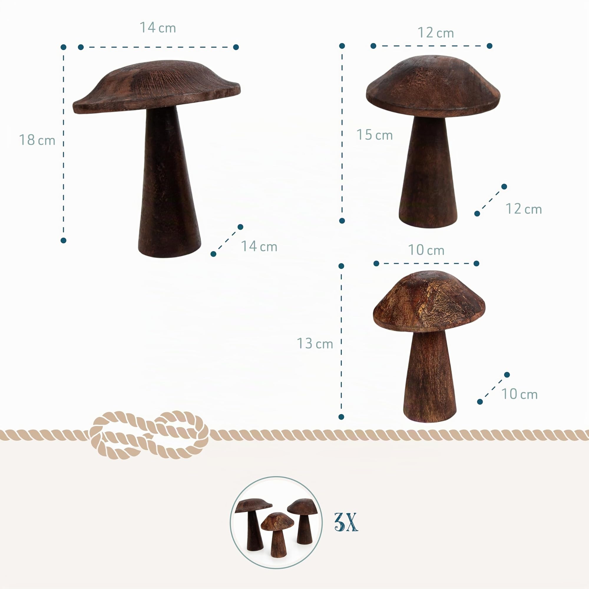 Funghi decorativi in legno, set 3 pezzi: decorazioni autunnali casa, addobbi autunno tavolo e finestra, ornamenti rustici interni, statuette naturale, centrotavola, 13-18 cm