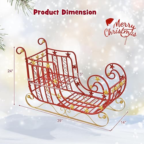 Miniatura 9 de HAPPYGRILL Trineo de Papá Noel rojo, trineo de Papá Noel de Navidad de metal con gran área de carga para regalos, decoración de Navidad con