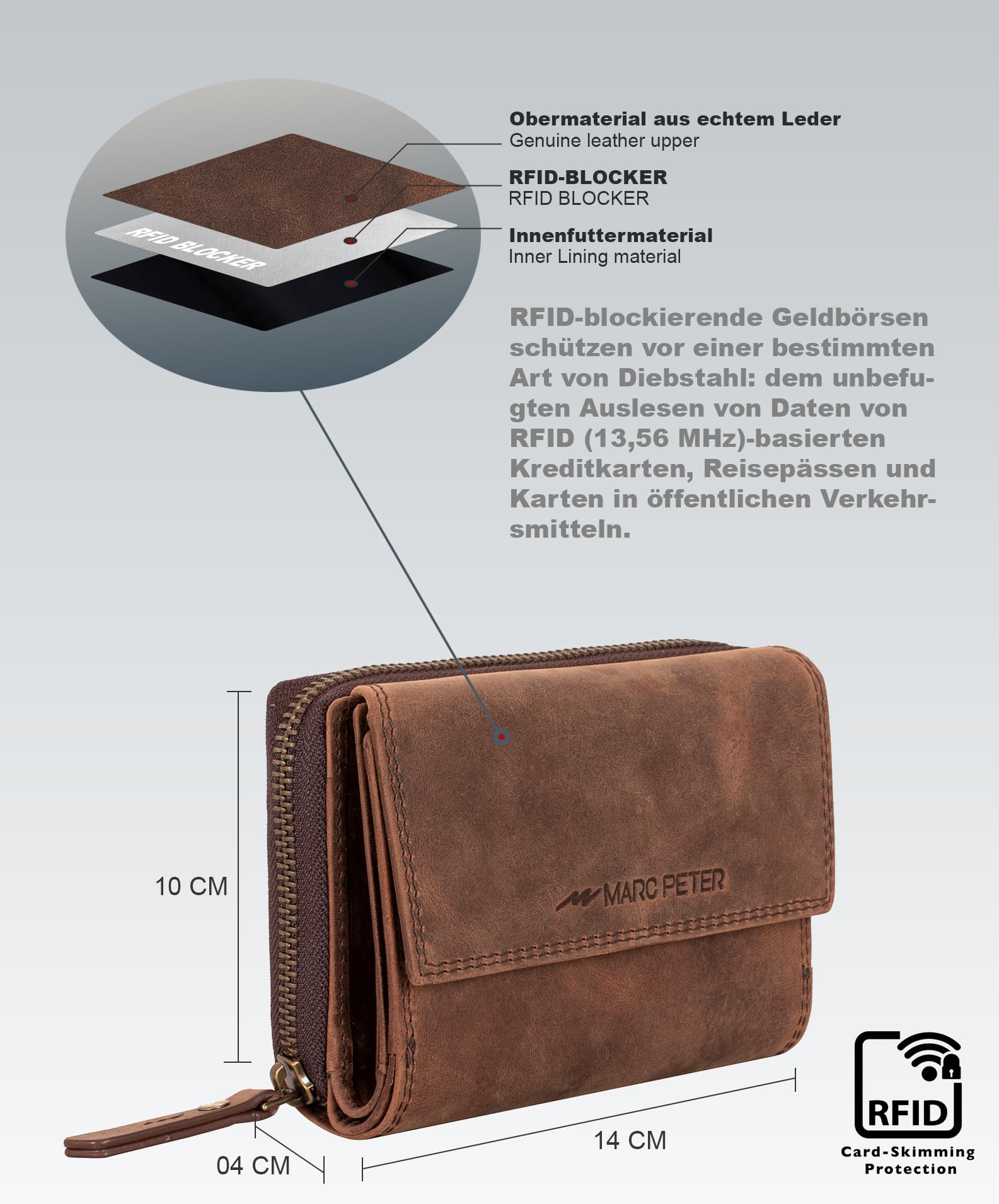Marc Peter Damen Geldbeutel Leder RFID Geldbörse Vintage Portemonnaie Echtleder Braun