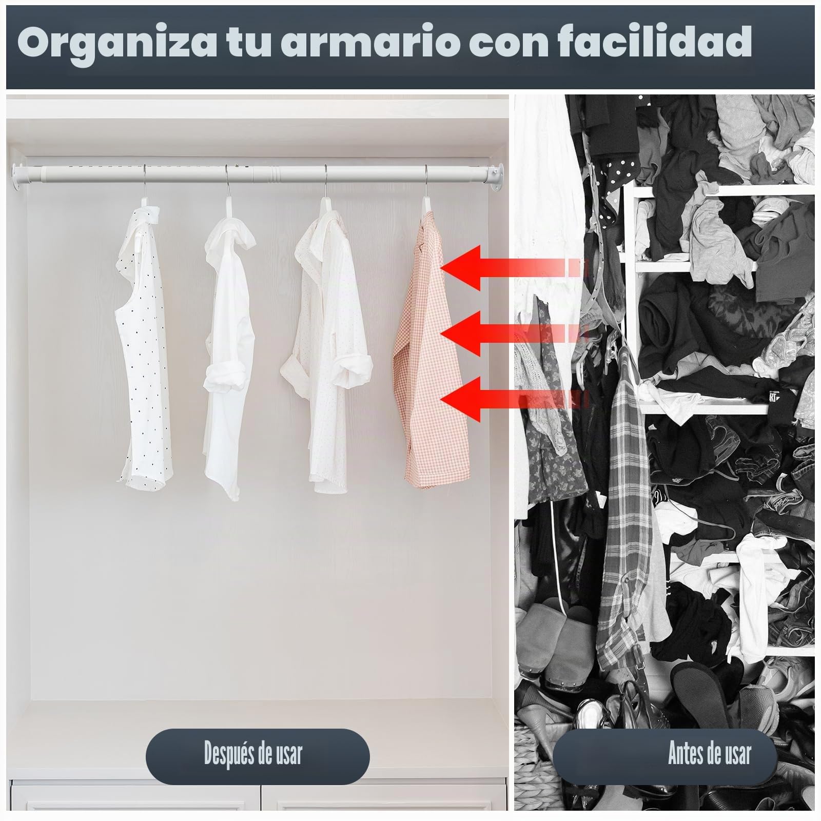 Riel ajustable para armario de 40 a 212 cm, rieles extensibles para colgar ropa, barra de armario resistente para armario, color blanco
