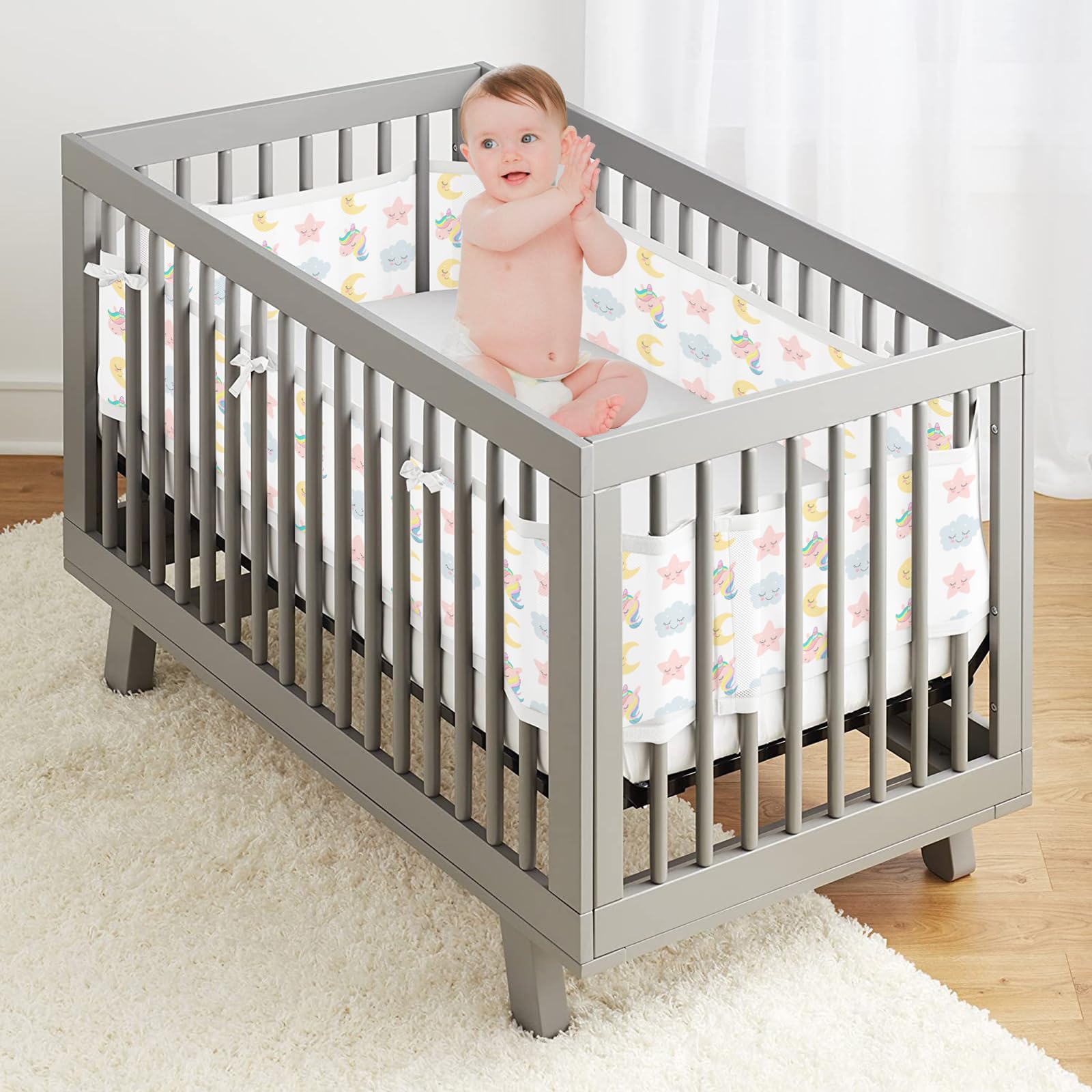 2 Pièces Tours de Lit Bébé Cabane,4 Côtés Tour de Lit Respirant Doublure en Maille 3D Anti-Flux d'air,Réglable,Amovible - 340cmx30cm + 160cmx30cm
