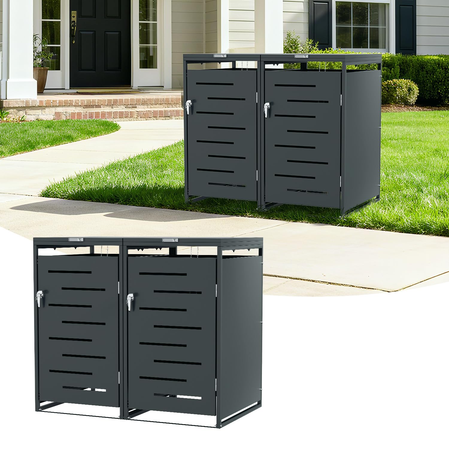 Lot de 2 cache-poubelles pour 2 poubelles de 120 l et 240 l, construction en acier revêtu par pulvérisation, verrouillable avec 2 serrures, couleur anthracite