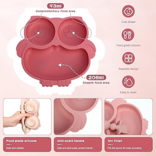 Miniatura 3 de 3 juegos de placas de succión para bebés con forma de búho de silicona con cuchara y tenedor, platos divididos aptos para microondas y lavavajillas,